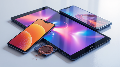 Consumer electronics products on display table, modern smartphones and tablets arranged professionally, clean white background, bright studio lighting