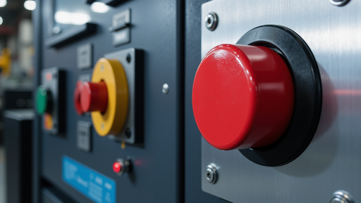 Industrial control systems and automation equipment, professional industrial panels with indicator lights, metal casing, industrial environment